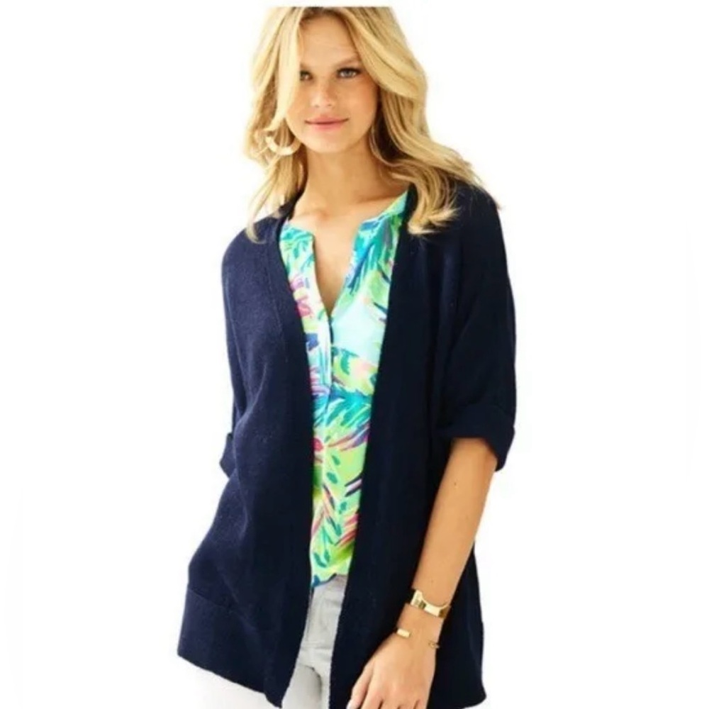 Lilly Pulitzer Navy Harbor Kimono Open Front Cardigan, size Medium